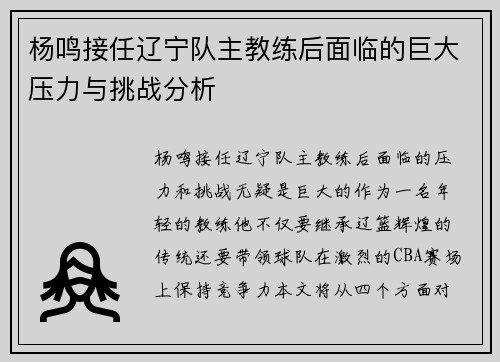 杨鸣接任辽宁队主教练后面临的巨大压力与挑战分析