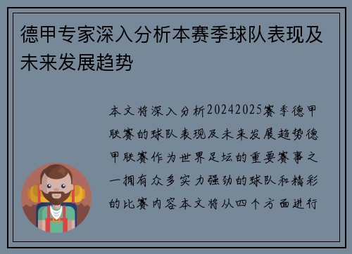 德甲专家深入分析本赛季球队表现及未来发展趋势